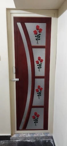 Fully glazed PVC door with red rose design installed in Chennai home